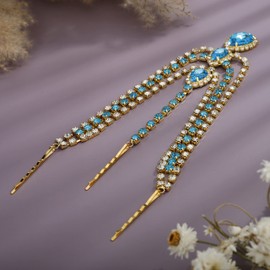 YERTTER Bohemian Full Gold Rhinestone Chain Blue Crystal Head Chain Clip Drop Pendant HeadPieces Forehead Headband Hair Accessories for Wedding Brides Party Prom Costume (Gold Blue)