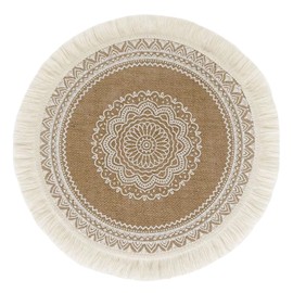 SWECOMZE Set of 4 Round 38 cm Woven Placemats, Boho Cotton Placemats, Coasters, Washable, Heat Resistant and Non-Slip, Ideal for Kitchen, Party, Wedding, etc. (White Tassel 1)