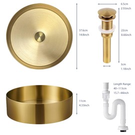 14.8" Round Bathroom Vessel Sink, Stainless Steel Vessel Sink with Pop-Up Drain Stopper, PVD Coating Countertop Sink Vanity for Bathroom & Hotel, Gold