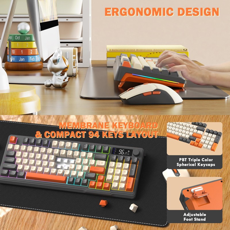 FREEWOLF T96 Smart Display Wireless Gaming Keyboard and Mouse Comb,