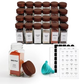CKCY 24 Pcs Spice Jars, 4oz Seasoning Containers with Acacia Wood Shaker Lids, Glass Spice Bottles with Labels, Square Seasoning Organizer, Kitchen Spice Container