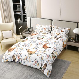 Erosebridal 100% Cotton Vintage Pet Chicken Twin Size Bedding Set,Mallard Duck Hunting Duvet Cover,Groovy Flower Floral Botanical Comforter Cover,Rustic Farmhouse Animal Bedspread Cover Reversible