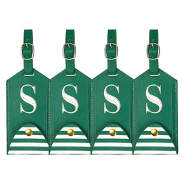 YELARXI Luggage Tags, Initial Letter Travel Luggage Baggage Labels PU Leather Tag Holder Waterproof for Privacy Protection ID Suitcase Identifier Backpack (4 Pack, Green S)