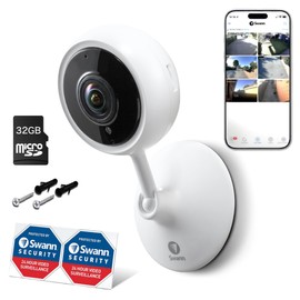 Swann Automatic Tracking Full HD WiFi Camera, 1080p 2MP (1920 x 1080 Pixels), Security, Small Camera, 32GB SD Card Included, Indoor Specifications, Infrared Night Vision Function, SWIFI-TRACKCM, Voice Assistant, White