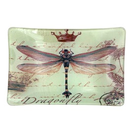 Value Arts Plato para joyas, diseño de libélula con corona y matasellos, bandeja rectangular de cristal, 13.75 cm de ancho