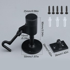 Stainless Steel Door Stopper with Hook, 3.5inch/90mm Modern Safety Door Stop with Sound Dampening Rubber & Mounting Screws, Wall Mount Doorstop for Household Door - Black