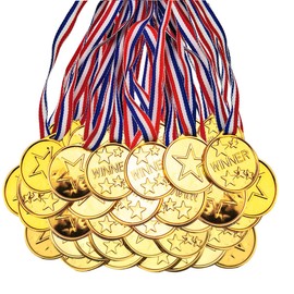 Roucerlin 50 Pcs Gold Plastic Sports Medals for Winners, Plastic Gold Medals for Awards, 1.4 Inches Award Medals with Neck Ribbon for Sports Party Competitions Olympic Style