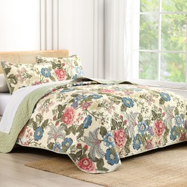 Luxudecor Floral Quilt Set Queen Size 3 Pieces Vintage Flower Bedspread with Pillow Shams Soft Microfiber Coverlet Bedding Set Reversible Bed Cover for All Seasons Green