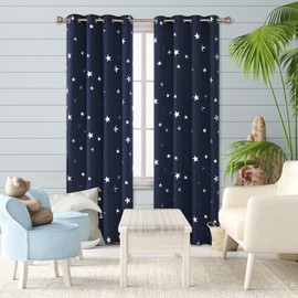 Deconovo Navy Blue Curtains for Living Room Super Soft Thermal Insulated Star Foil Printed Eyelet Blackout Curtains 46 x 54 Inch 2 Panels