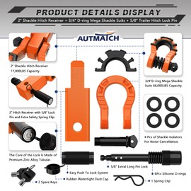 AUTMATCH Shackle Hitch Receiver 2" with 3/4" Mega D Ring Shackle and 5/8" Trailer Hitch Lock Pin, 68,000 Lbs Break Strength Heavy Duty Receiver Towing Kit for Off-Road Vehicle Recovery, Orange