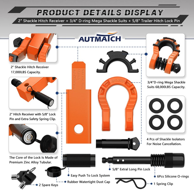 AUTMATCH Shackle Hitch Receiver 2" with 3/4" Mega D Ring