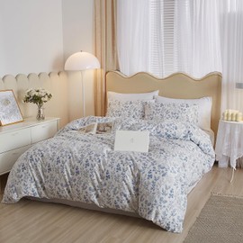 LifeTB Vintage Style Cotton Floral Duvet Cover Queen Boho Blue Floral Bedding Sets Chic Shabby Aesthetic Floral Comforter Cover Soft Botanical Bedding Sets 1 Queen Duvet Cover 2 Pillow Shams