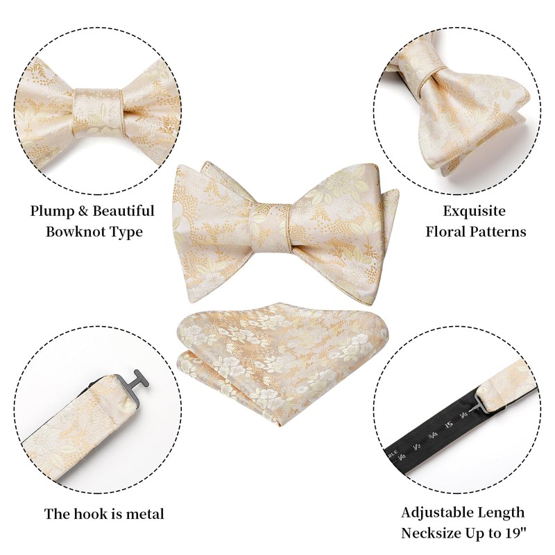HISDERN Bow Ties for Men Champagne Gold Floral Self Tie