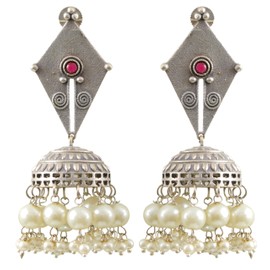 Designer Indian Traditional Ethnic Silver Oxidized Brass Boho Jhumka Chandbali Dangle Pearl Earrings Jewelry (Grey) (Silver)