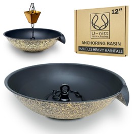 U-nitt 12" Spill Bowl Downspout Catch Basin for Rain Chain Anchoring & Stake | Rainwater Collection for Roof |Gutter Catch Basin | Good for Water Fountain & Birdbath | Black | Handles Heavy Rain
