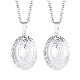 Weenkeey 2 Pcs Oval Locket Necklace that Holds Pictures Stainless Steel Oval Locket Pendant Necklace Memory Photo Pendant Necklacefor Women Girls - Style 1 Silver