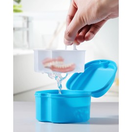 JMU 2pcs Denture Bath Case, Denture Cup for Soaking Dentures with Strainer Basket Tray for Dentures, Mouth Guard Storage Case, Light Blue/Purple