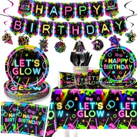154Pcs Neon Party Supplies Set - Serves 24, Glow in the Dark Party Supplies, Includes Plates, Napkins, Banner, Hanging Swirls, Cups, Cutlery, Tablecloth for Glow Birthday Decorations