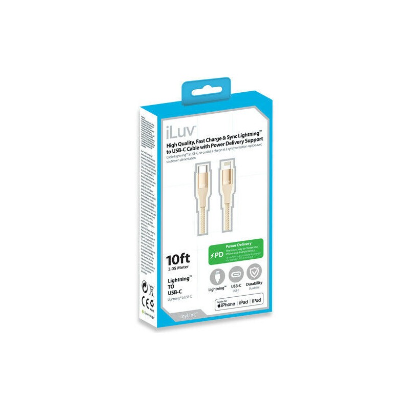 iLuv ICB278GD Fast Charging USB-C to Lightning Cable, 10ft. Apple