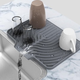 JOOKKI Dish Drying Mat ,14.6"×11" Silicone Drying Mat for Kitchen Counter with Board Drain,Rubber Kitchen Counter Dry Matt for Dishes Drying Rack(gray)