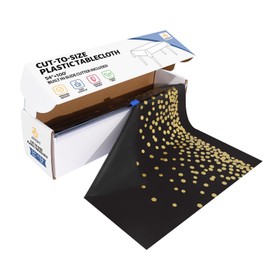 JHDZDHY 54 Inch X 100 Feet Plastic Table Cover Roll Disposable Tablecloth with Slide Cutter for All Type/Shape Tables | Picnic, Party, Banquet, Birthdays, Weddings (Black & Gold Dot)