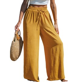 CUPSHE Women Wide Leg Pants High Waisted Trousers Linen Palazzo Lounge Beach Cover Ups Flowy Pants Yellow Mustard L