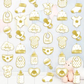 6pcs Neutral Gold Baby Shower Hanging Garlands Oh Baby Party Decorations Baby Shower Room Wall Decor with Onesie and Bottle Designs for Sweet Baby Gender Reveal Party Supplies