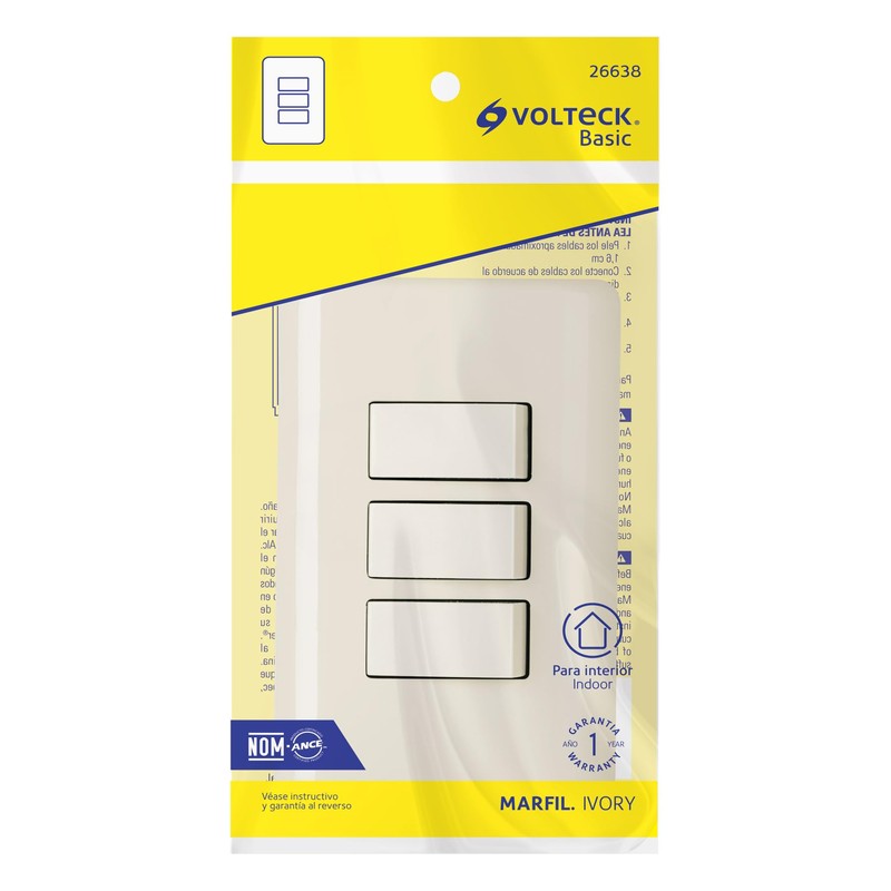Volteck PA-APTR-BI, Placa armada 3 interruptores color marfil
