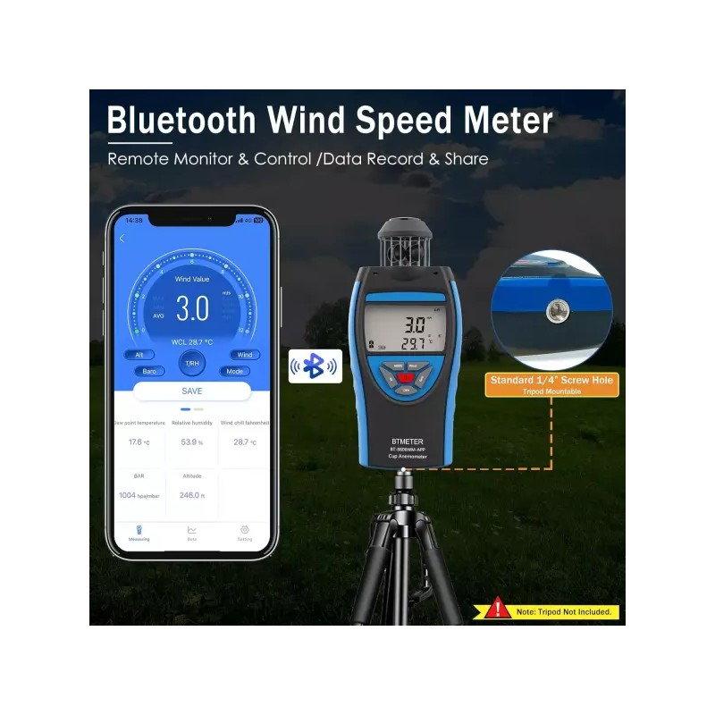 BTMETER 컵 풍속계 휴대용 공기 유량계 풍속 데이터 로거 HVAC