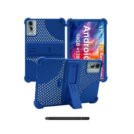 for Brvaiuen F11 11 inch Android Tablet Case,BOVUGAC Soft Silicone with Capacitive Pen,Heat Dissipation Design,Adjustable Stand,Shockproof,Kids Friendly(Blue)