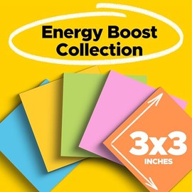 Post-it Notas súper adhesivas, 3 x 3 pulgadas, 6 blocs, 2 veces el poder de adherencia, colección Energy Boost, colores brillantes (naranja, rosa, azu