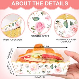 Funnymoom 48 Pcs Pink Floral Paper Food Trays Flower Nacho Boat Trays Disposable Snack Holder for Spring Birthday Tea Party Baby Shower Bridal Wedding Supplies
