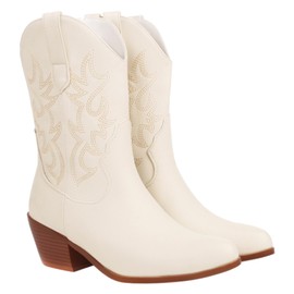 rismart Women's Cowboy Boots Western Boots Mid Calf Embroidered Cowgirl Shoes, beige