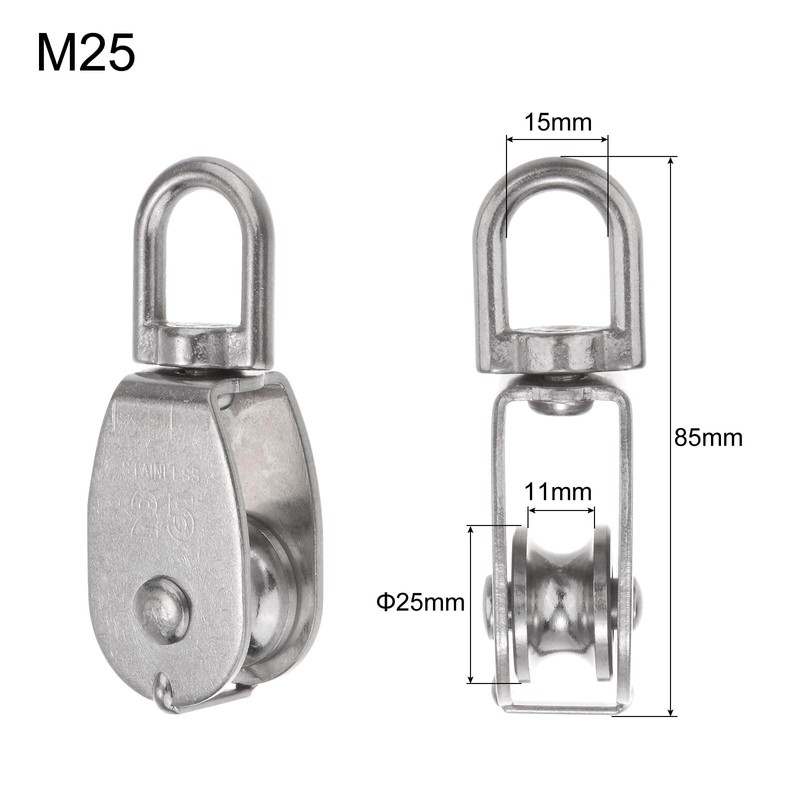 sourcing map 4pcs M25 Single Pulley Block, 304 Stainless Steel