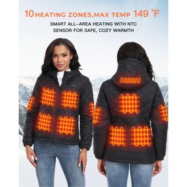 Topdot Quilted Heated Jacket for Women with 16000mAh 7.4V Battery Pack, 10 Heating Zones Lightweight Women's Heated Jacket