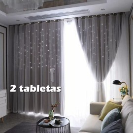 LUCINATIA Cortina Lisa Con Tul Y Diseño Estrella De 132x240 Cm 2 Pzs