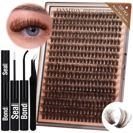 FANXITON Lash Clusters 320 Pzas Kit de Extensión de Pestañas Fluffy DIY Kit de Extensiones de Pestañas Natural Look Cluster Lashes D Curl 8-16 MM Mixed Lash Bond and Seal Lash Pinzas para Pestañas Kit DIY en Casa Juego de 322 piezas Marrón