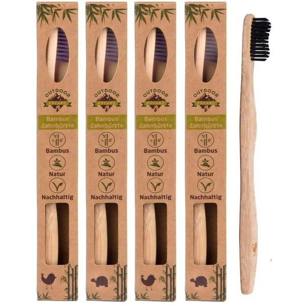 Bamboo Toothbrush with Pure Bamboo Wood, Vegan, Biodegradable, 100% BPA Free, Bristles with Bamboo Charcoal for Best Cleanliness, Pack of 4