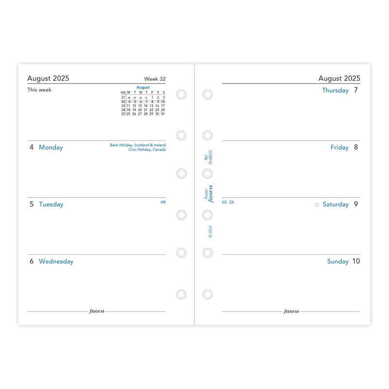 Filofax Pocket week on two pages mid year diary August