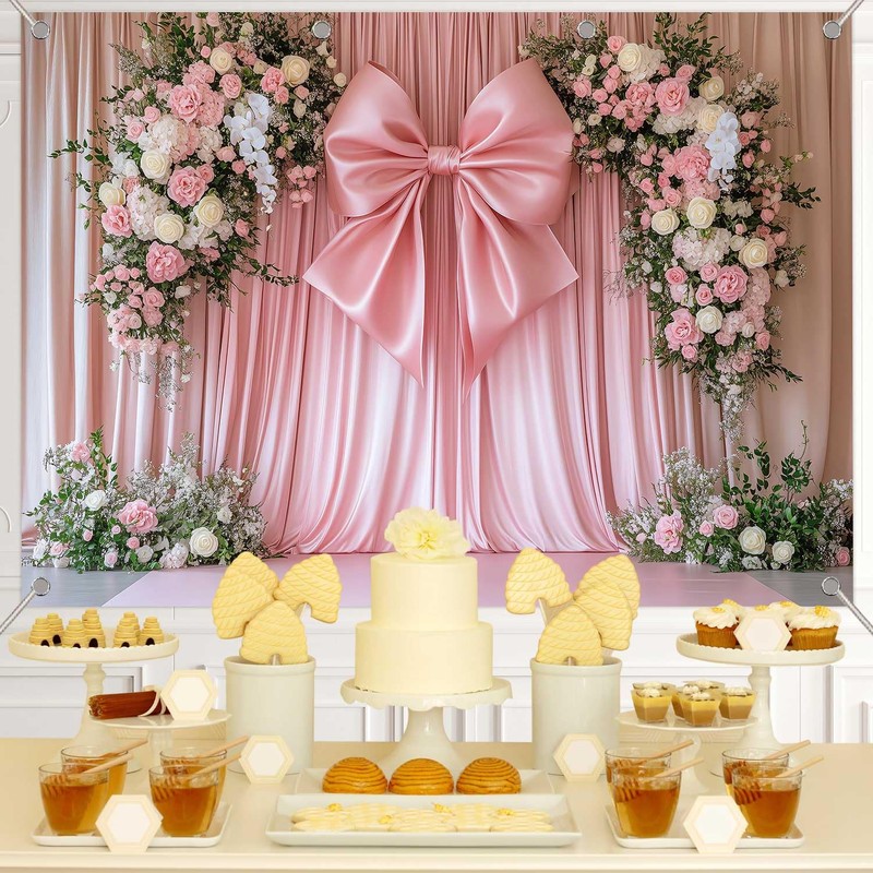 KUKUSOUL Pink Curtain Backdrop Giant Bowknot Floral Birthday Decoration