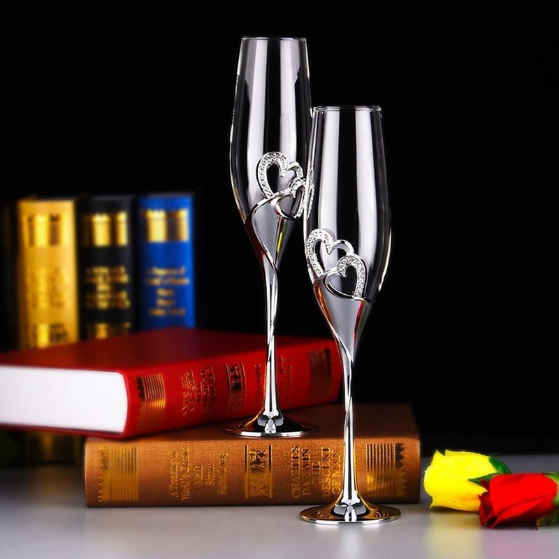 ukgiftstoreonline Double Heart Wedding Champagne Flute with Sparkling Crystals