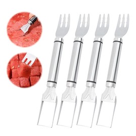 D-buy 4 Pcs 2-in-1 Stainless Steel Fruit Cutter Watermelon Cutter, Watermelon Slicer Watermelon Fruit Fork Melon Cutter Tool, Kitchen Gadgets Watermelon Cutting Tool Fruit Cutter for Kitchen