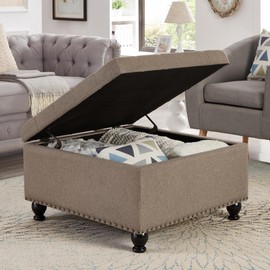 Acosure Large Square Storage Ottoman with Wooden Legs,Upholstered Button Tufted Coffee Table W/Nail,Easy to Install,Trims,Living Space,Linen