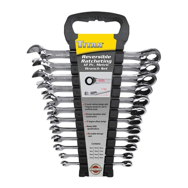 Titan 17365 12-Piece 12-Point 72-Tooth Metric Reversible Ratcheting Combination Wrench