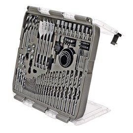 Tradespro 90-Piece Drill Bit Set with Screwdriver Bits, Hole Saws, Brad Point, Masonry, Wood Boring Bits, Carry Case with Flip Cover Stand – 835113