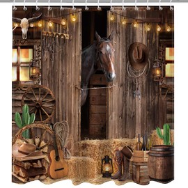 Mocsicka Western Shower Curtain for Bathroom, Cowboy Shower Curtain Rustic Farmhouse Barn Door Bath Curtain Southwest Country Cactus Farm Wooden Bath Curtain for Western Bathroom Decor, 72 X 72 in