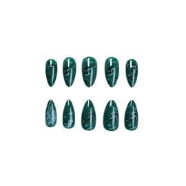 SINHOT Almond Press on Nails Medium - Dark Green Fake Nails Glossy Glue on Nails Marble Ombre Acrylic Nail Stiletto Art Stick on False Nail with Design DIY 24 pcs