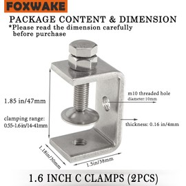 Stainless Steel C Clamps Small 1 1/2 Inch for Mounting, Heavy Duty U Clamps for Metal Working, Mini Desk Clamp with Stable Wide Jaw Opening & Protective Pads/I-Beam Design (2pcs)