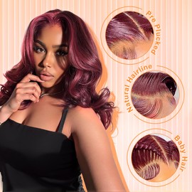 Afribye Burgundy Wig Human Hair 200% Density 13x6 99j Body Wave Lace Front Wigs Human Hair Pre Plucked Short Wigs for Black Women Glueless Frontal Wig Human Hair Loose Wavy 14 inch