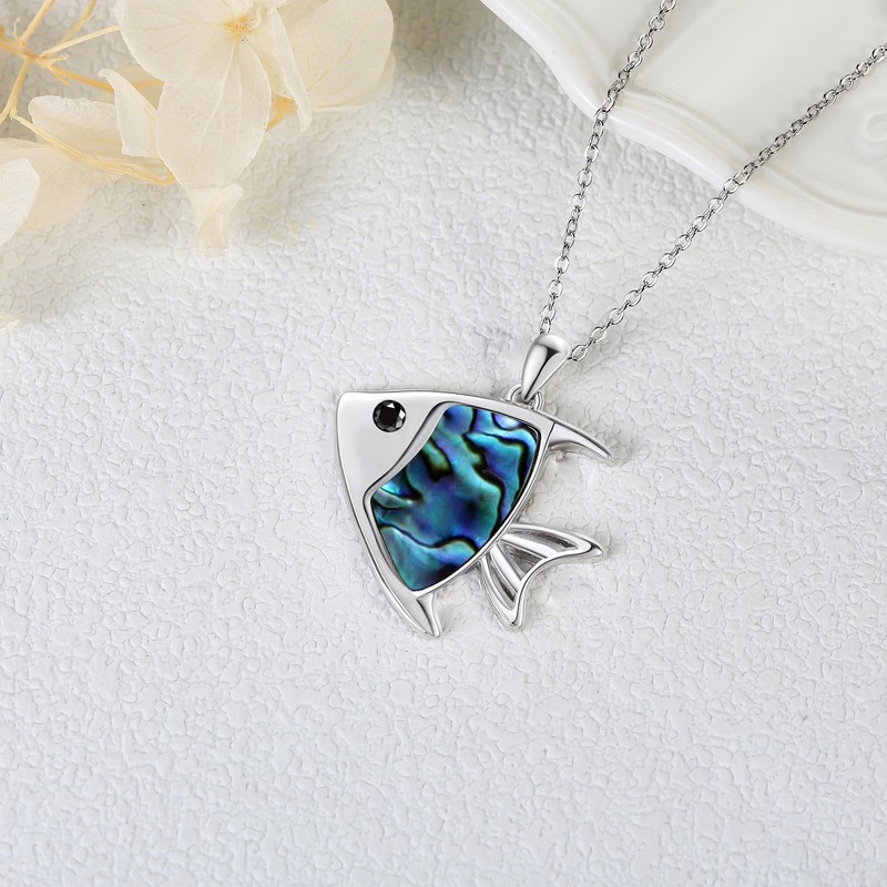 HUKKUN Fish Necklace for Women 925 Sterling Silver Abalone Shell